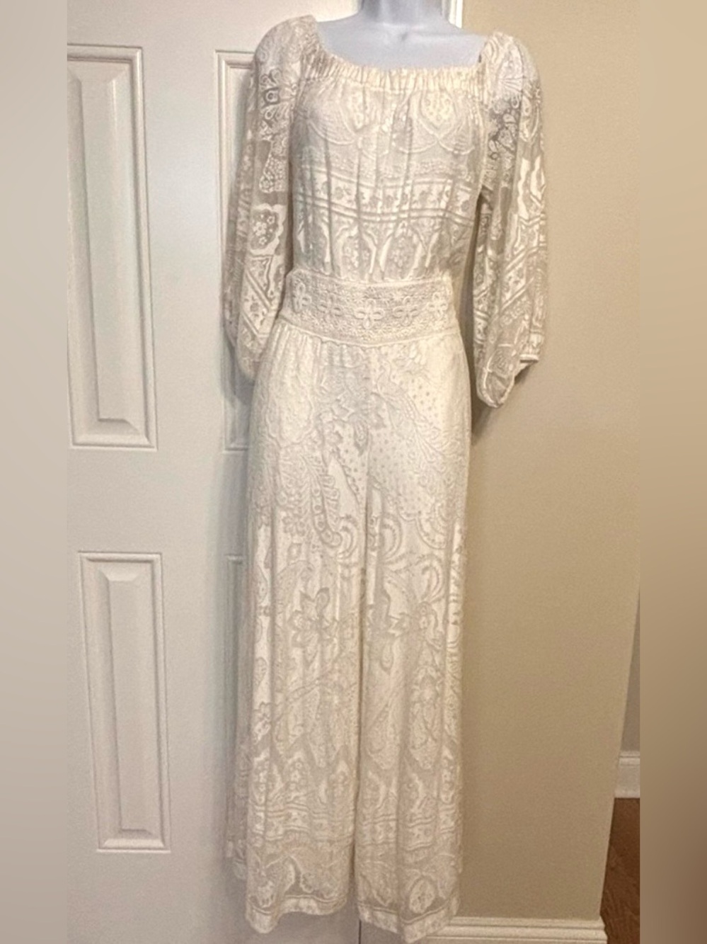 Anthropologie Farm Rio Lace and Sheer Burnout Off Shoulder Jumpsuit